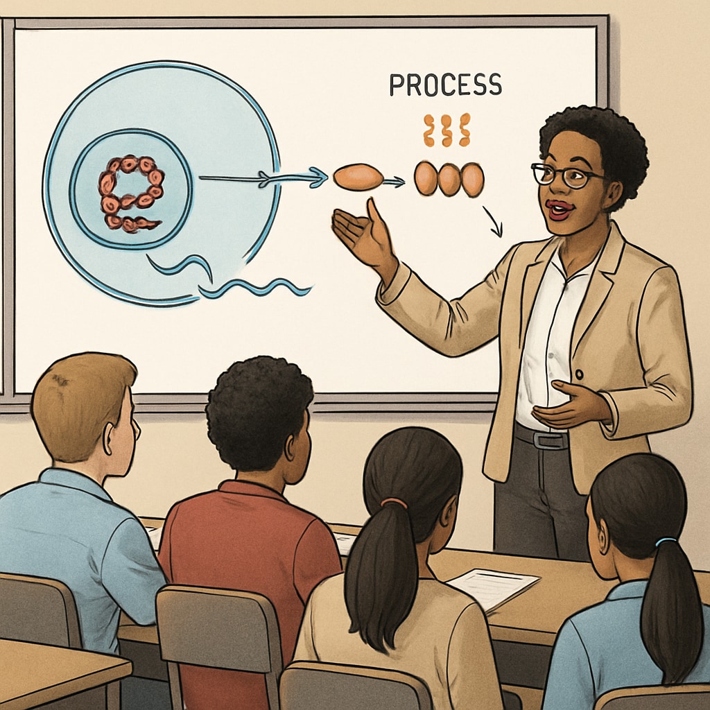 A teacher using visual aids and a whiteboard to explain a scientific process to a diverse group of students. Teacher explaining science concepts to English learners using visual aids.