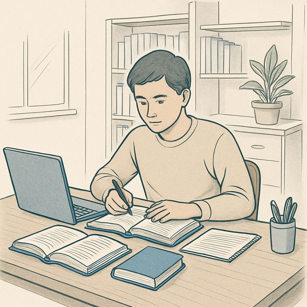 Adult self-learner working at home with books and a laptop.