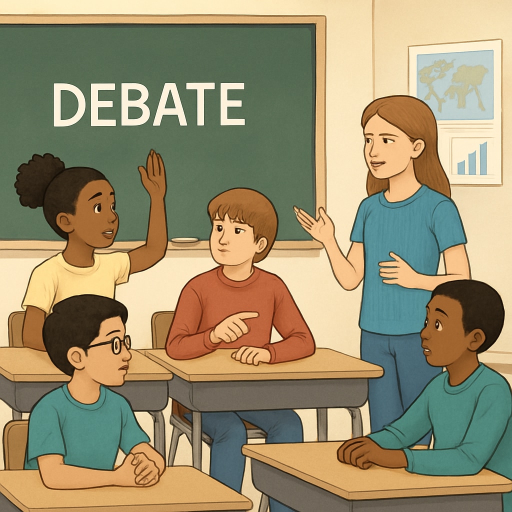 A diverse group of K12 students participating in a debate, symbolizing the importance of balanced discussions in education. K12 students debating various viewpoints in a classroom setting.