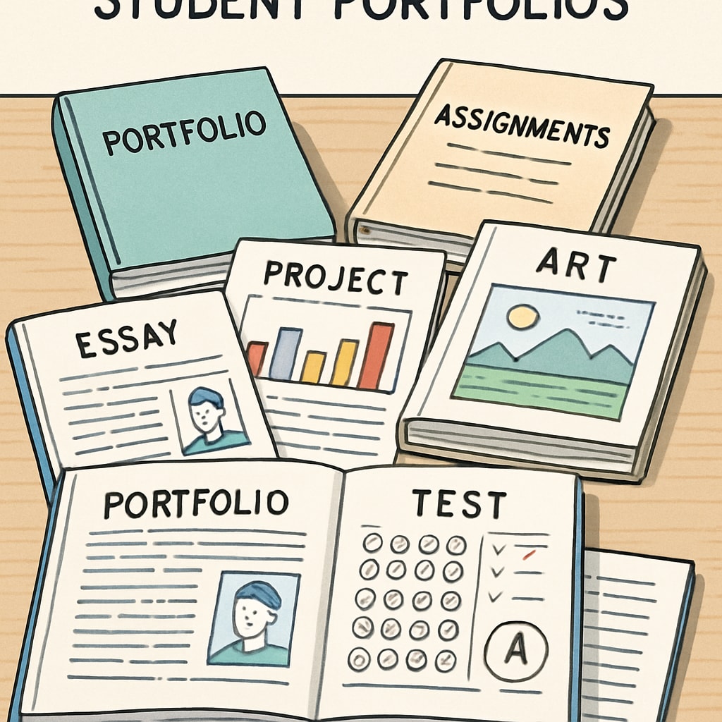 Student portfolios displayed as an example of holistic assessment methods.