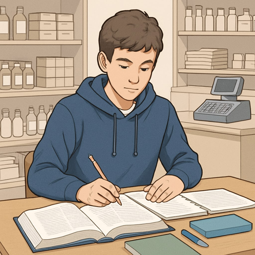 A high school student balancing work and academics by studying at a desk after work.