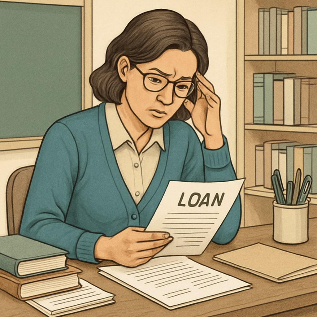 A concerned teacher reviewing loan documents at her desk, symbolizing the financial stress caused by the SAVE plan changes. A teacher reviewing student loan documents, highlighting SAVE plan challenges.