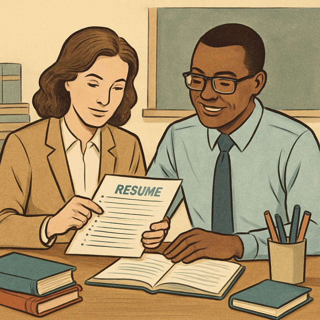 Teacher reviewing a resume with a colleague, professional collaboration