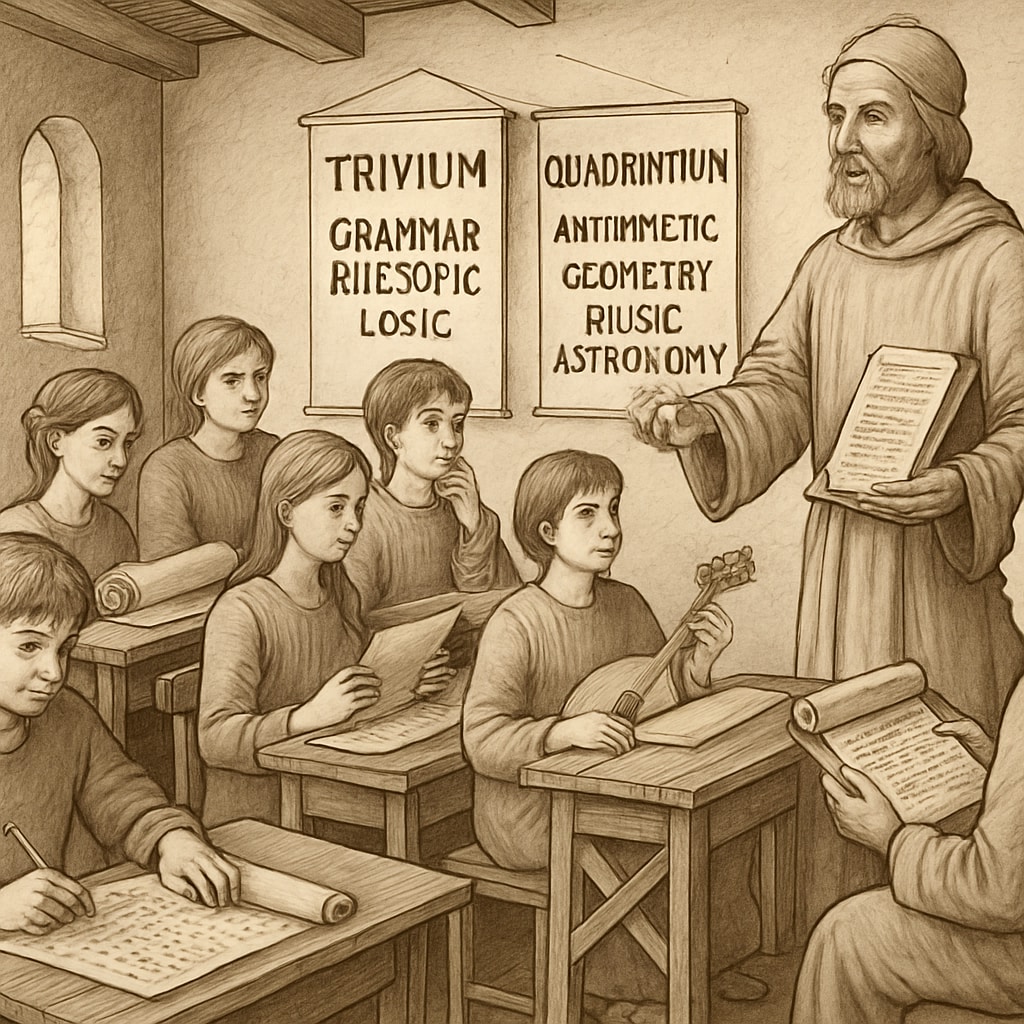 Ancient classroom scene highlighting classical education disciplines.