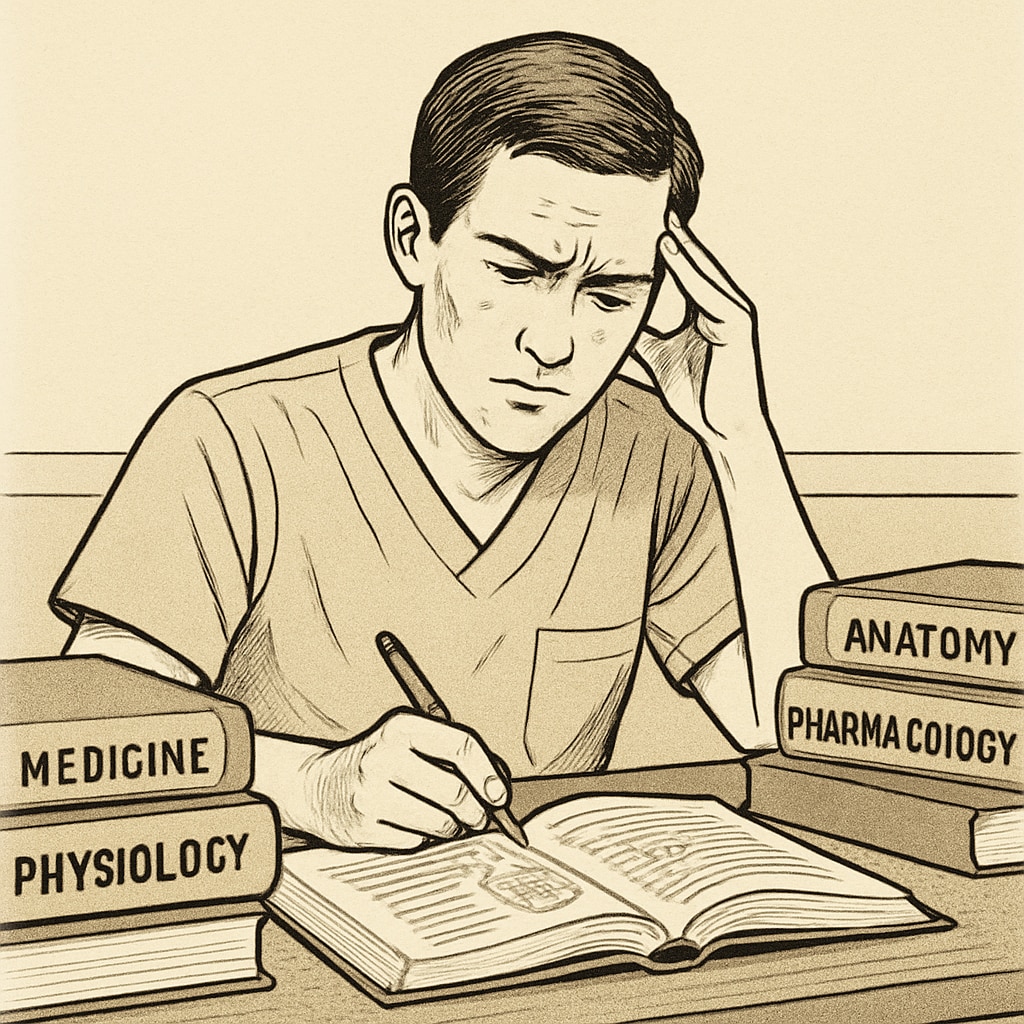 A student sitting at a desk, surrounded by medical textbooks, looking determined despite visible signs of stress. A student with learning difficulties studying medical textbooks.