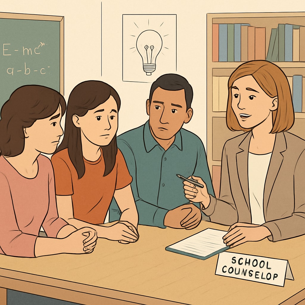 A supportive family sitting together at a table, discussing educational challenges with a school counselor. A family discussing educational support for a student with learning difficulties.