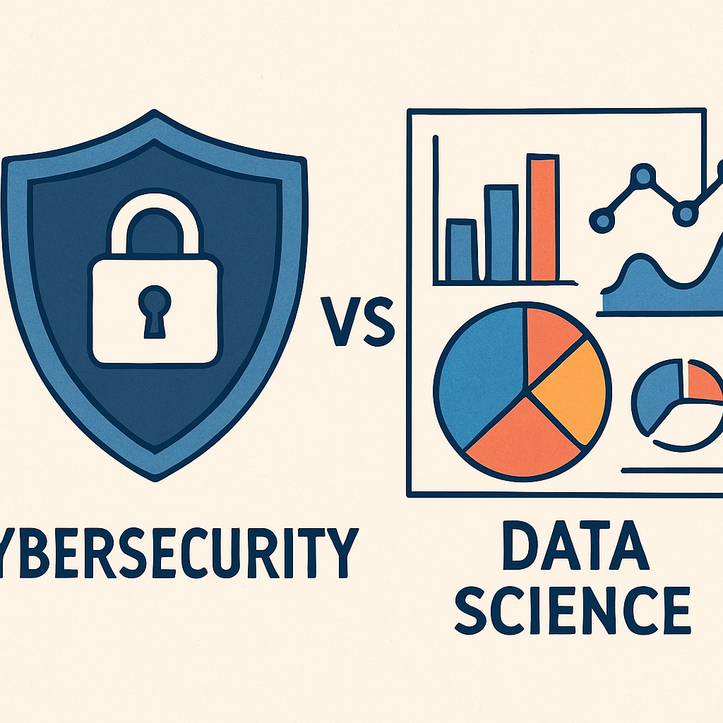 A conceptual image showing a comparison of cybersecurity (shield icon) and data science (data visualization graphs). A visual comparison of cybersecurity and data science for career planning.