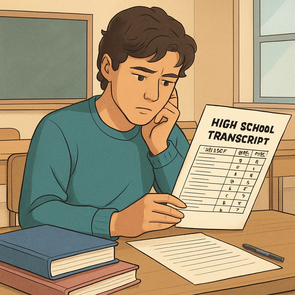 High school student reviewing transcript with concern about grades affecting college applications.