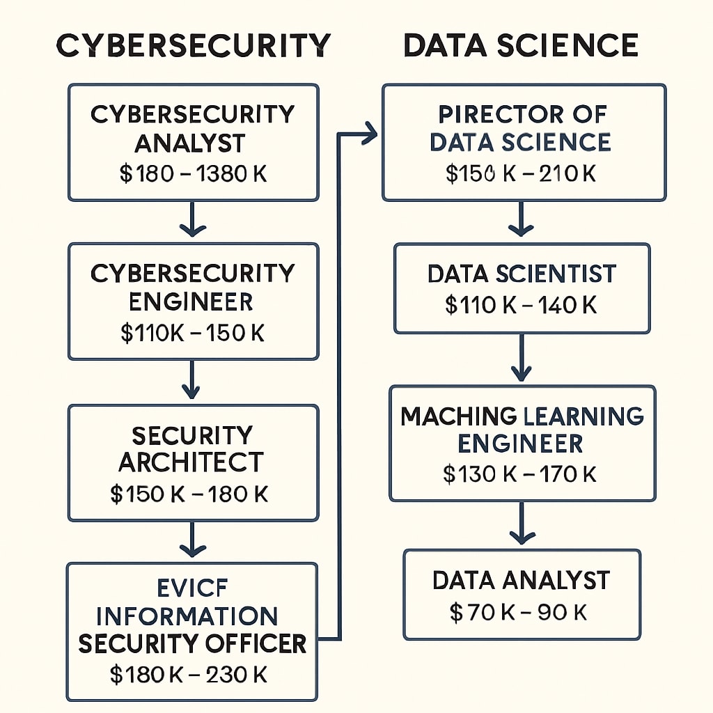 An image illustrating career progression paths in cybersecurity and data science, including job titles and salary ranges. Career paths and salary trends in cybersecurity and data science.
