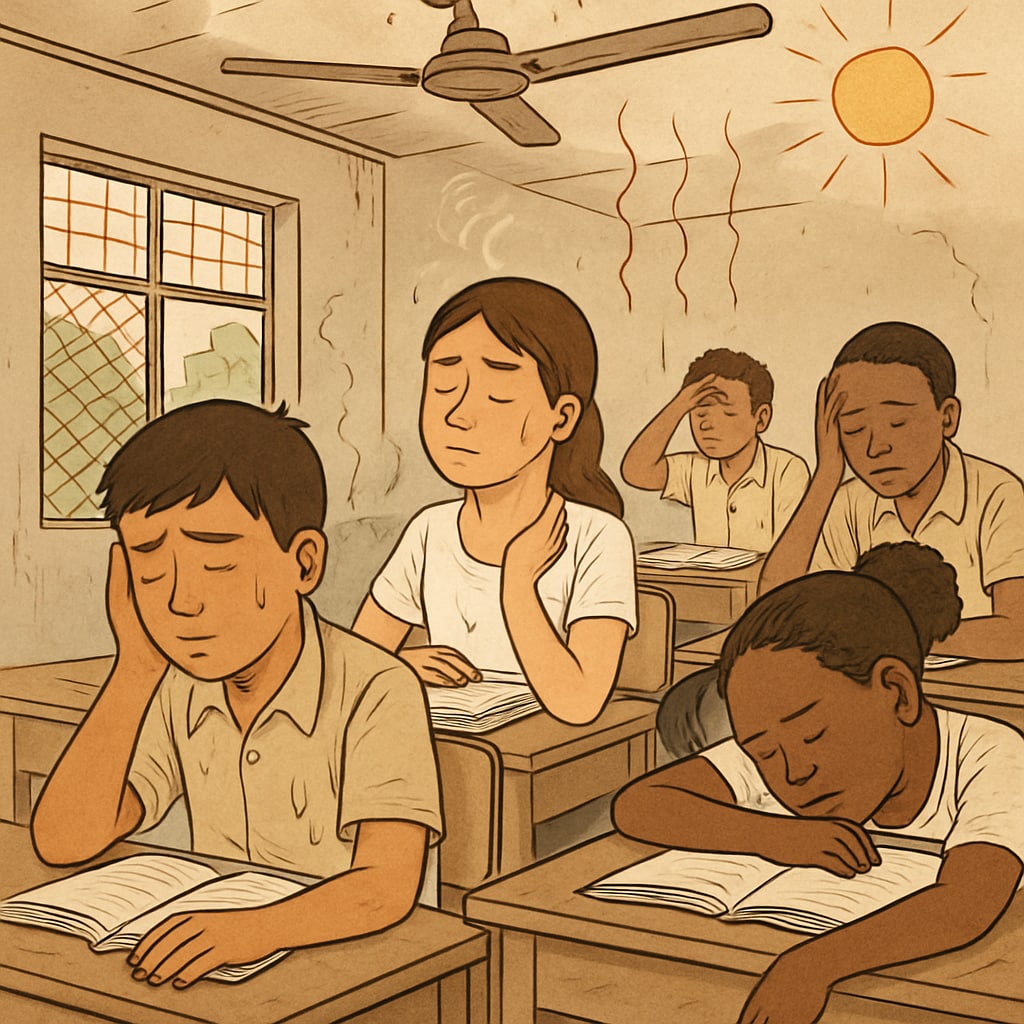 A classroom in a low-income area with students visibly affected by heat, illustrating the lack of cooling infrastructure. Students in a hot classroom in a marginalized community highlighting climate inequality.