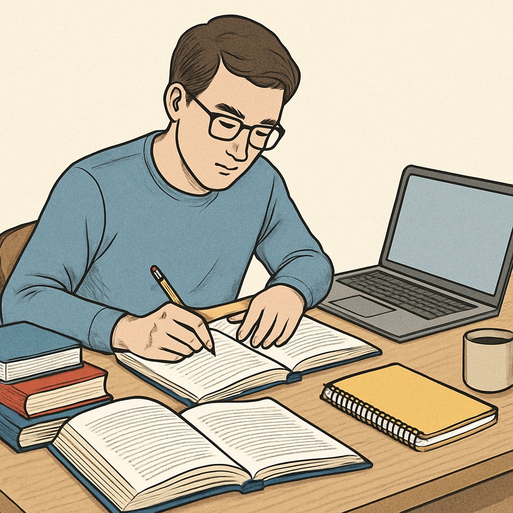 A person studying at a desk filled with books, notebooks, and a laptop, representing adult learning efforts. Adult learning through study materials to address education gaps.