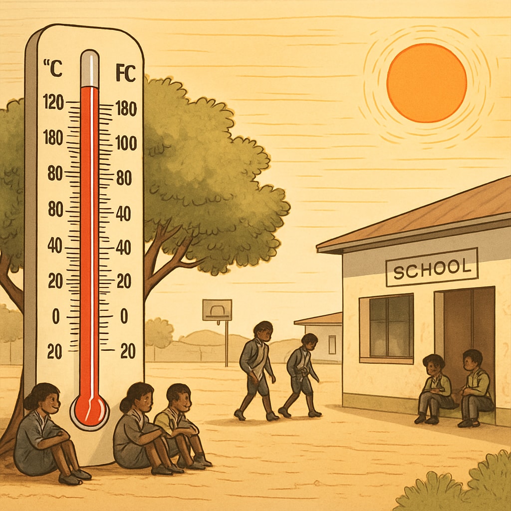 A thermometer showing extreme temperatures in a schoolyard with children seeking shade, highlighting the challenges of heatwaves in marginalized areas. A thermometer in a schoolyard with children dealing with extreme heat, emphasizing education inequality.