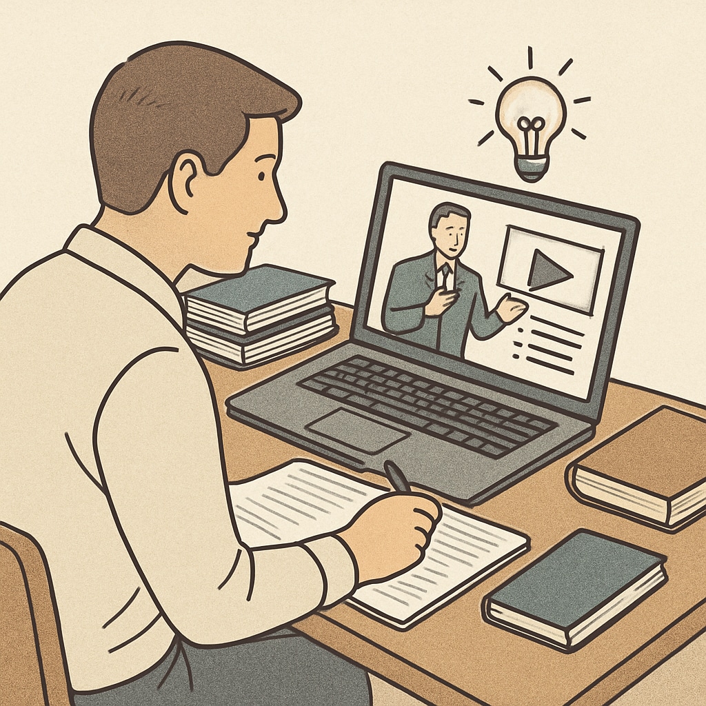 An adult learner engaged in an online tutorial on a laptop, symbolizing self-improvement through e-learning tools. E-learning for adults to rebuild foundational knowledge.