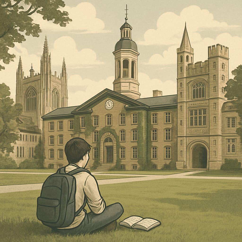 A student sitting on the Princeton campus lawn, surrounded by historical buildings, representing the high expectations tied to Ivy League schools. Student on Princeton campus lawn, reflecting Ivy League expectations.