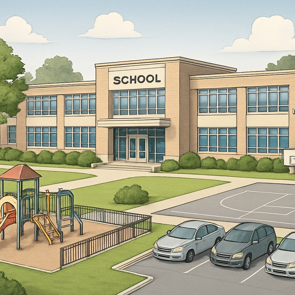 A modern public school building in a high-ranking district, showcasing spacious grounds and well-maintained facilities. Public school building in a high-ranking district