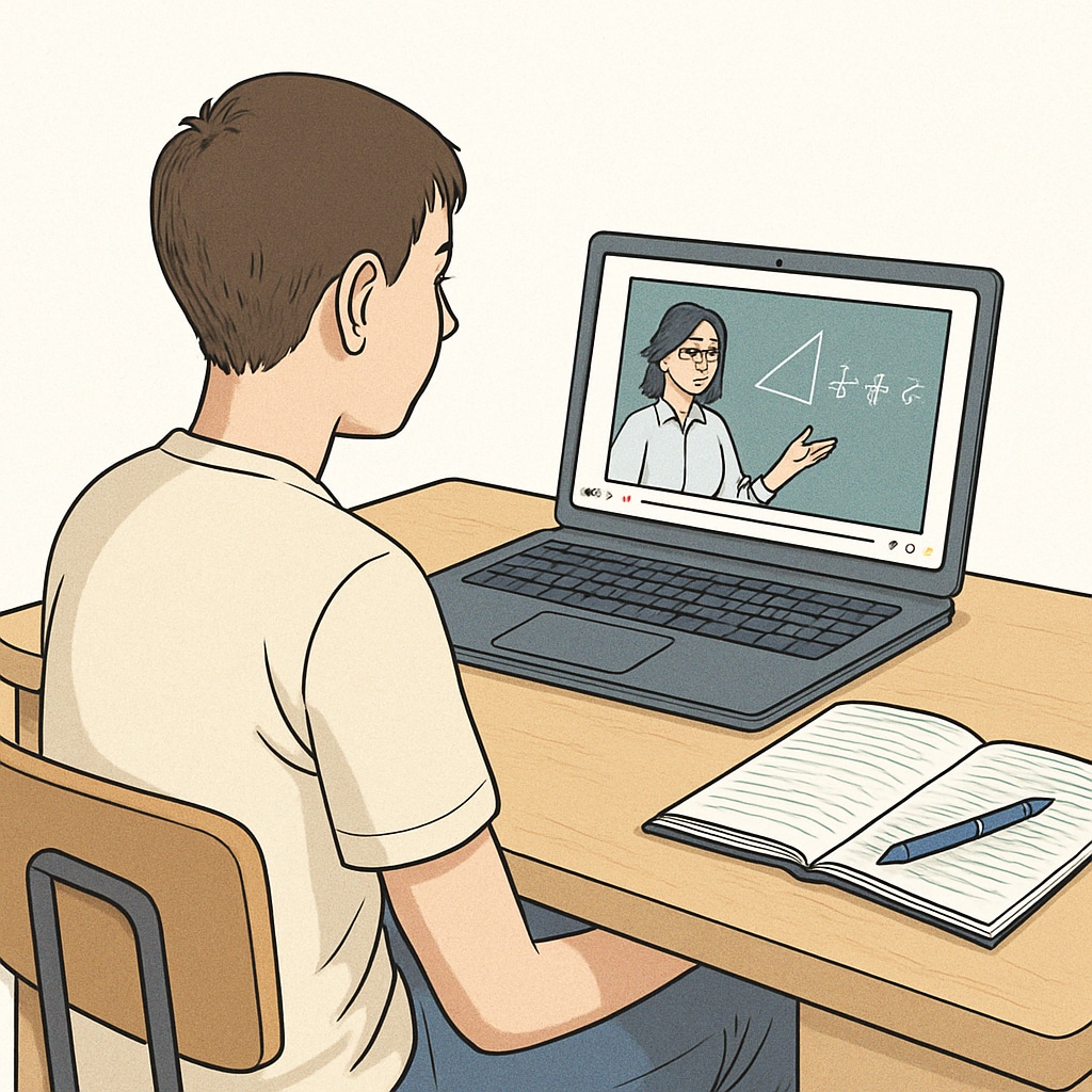 A high school student watching an educational video on a laptop with a notebook open. A student using free educational resources online, such as video courses, for independent learning.