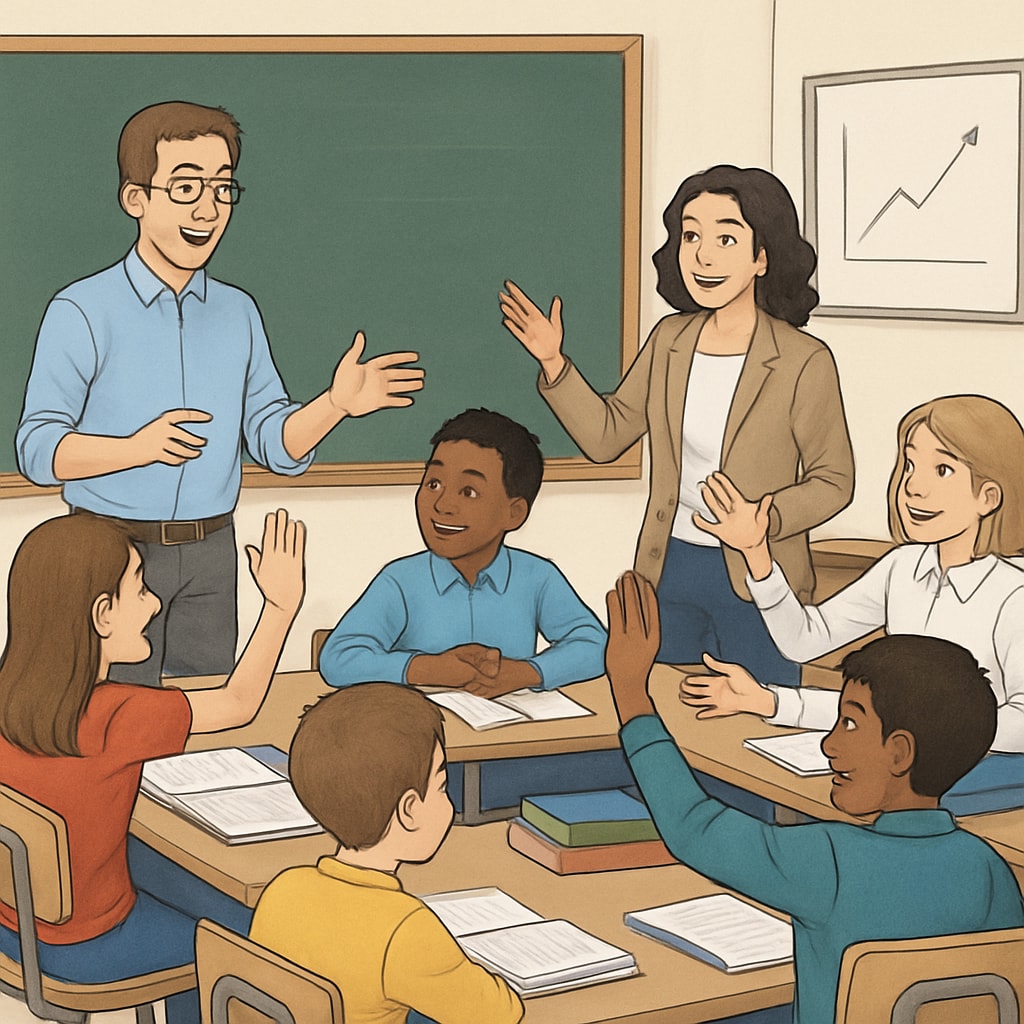 A classroom filled with students and teachers engaged in a lively discussion, emphasizing collaborative and interactive learning. Students and teachers discussing collaboratively in a classroom, illustrating alternative teaching methods.