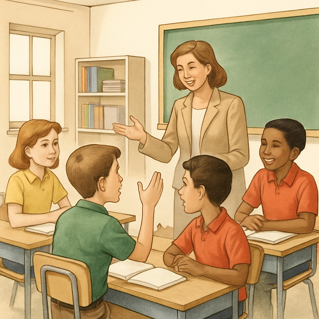 A private school classroom with students and a teacher engaged in discussion, highlighting smaller class sizes and personalized attention. Private school classroom with engaged students and teacher