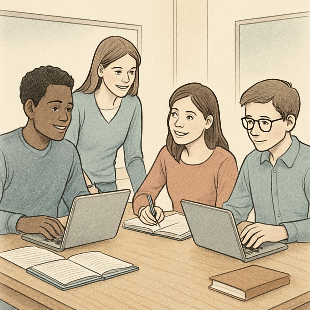 A study group of students collaborating around a table, using laptops and notebooks in a classroom setting. Students in a study group collaborating with laptops and notebooks.