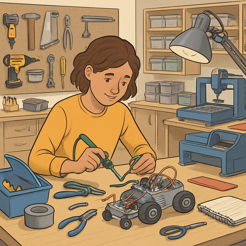 A student working on a creative project in a makerspace, symbolizing the importance of hands-on and experiential learning. A student creating a project in a makerspace, representing hands-on learning and alternative assessment approaches.