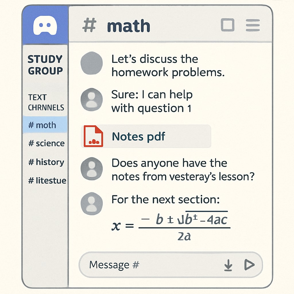 A screenshot of a Discord study group channel showing text discussions, shared files, and subject-specific organization. Discord study group channel displaying organized discussions and shared resources.