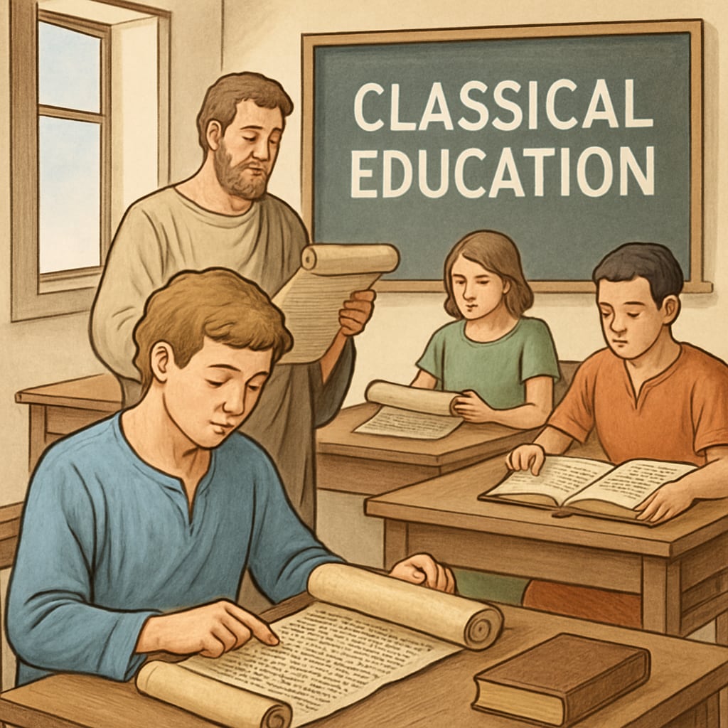 Students studying ancient manuscripts in a classical education setting.
