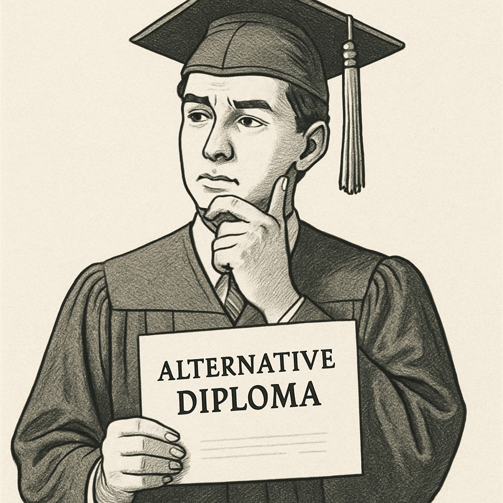 A high school graduate holding an alternative diploma with a thoughtful expression. A high school graduate reflecting on their alternative diploma and academic choices.