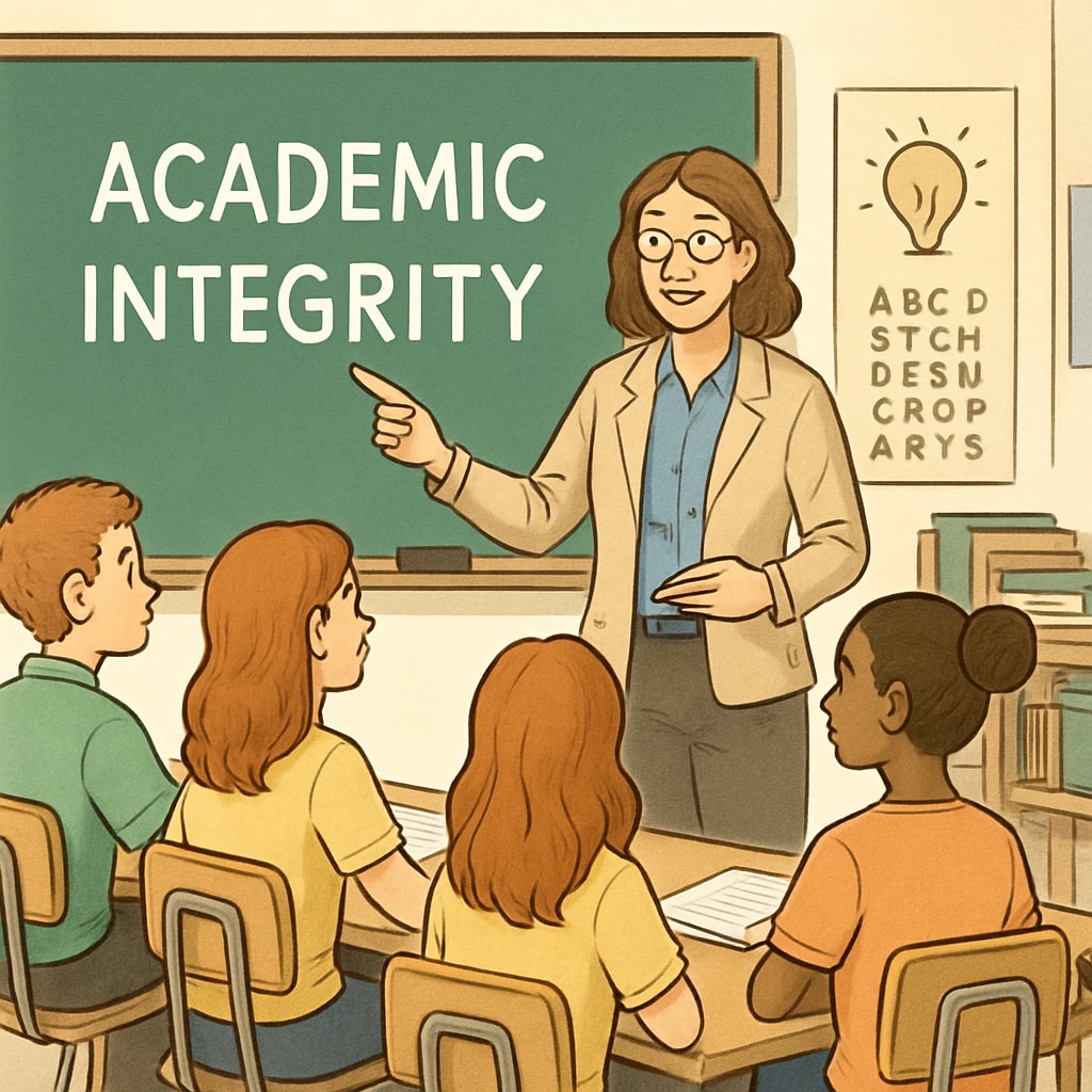 A classroom setting where a teacher is discussing academic integrity with students. The image portrays a positive environment with engaged students listening attentively. A teacher discussing academic integrity with students in a classroom.