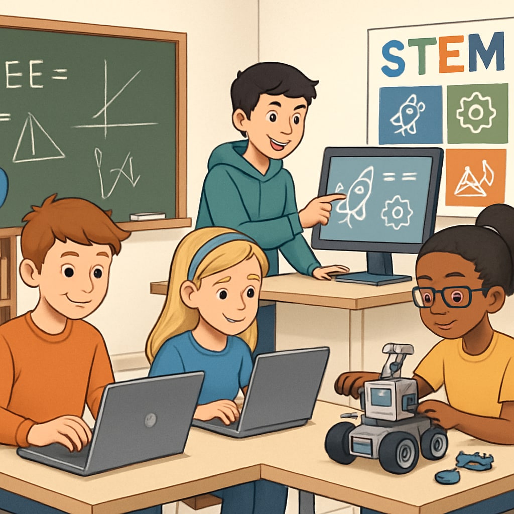Students in a modern classroom engaged in STEM activities, showcasing the shift from classical to modern education.