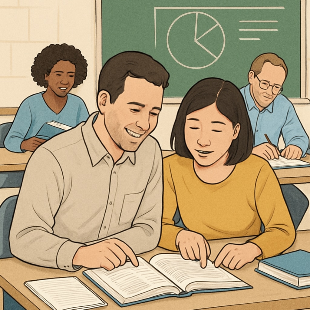 A group of adult learners in a classroom environment, engaging with their studies. Adult learners working together in a classroom as they pursue education and career goals.