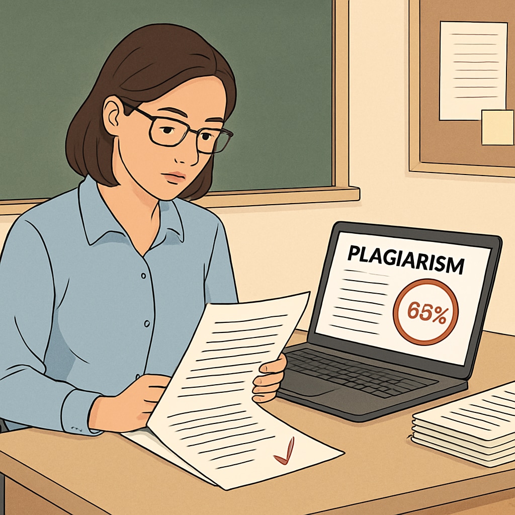 A teacher reviewing student papers with plagiarism detection software on a laptop. The image illustrates the use of technology to ensure fair academic evaluation. A teacher using plagiarism detection software while reviewing student papers.