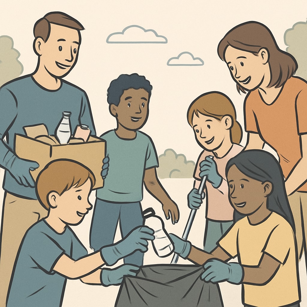 Parents and children volunteering in a community event, demonstrating empathy and social awareness. Families helping in a community project, showcasing practical ways to foster empathy and awareness.