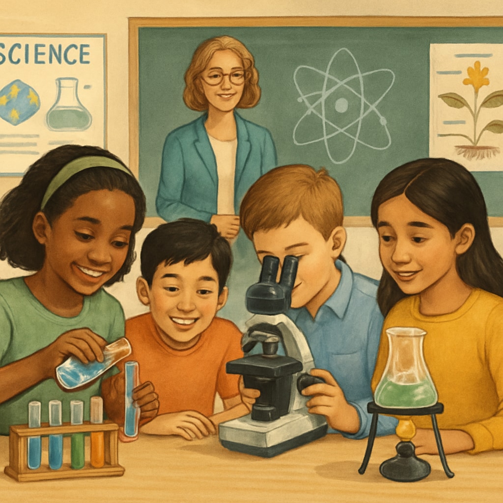 ELL students collaborating on a science experiment in an inclusive classroom setting.
