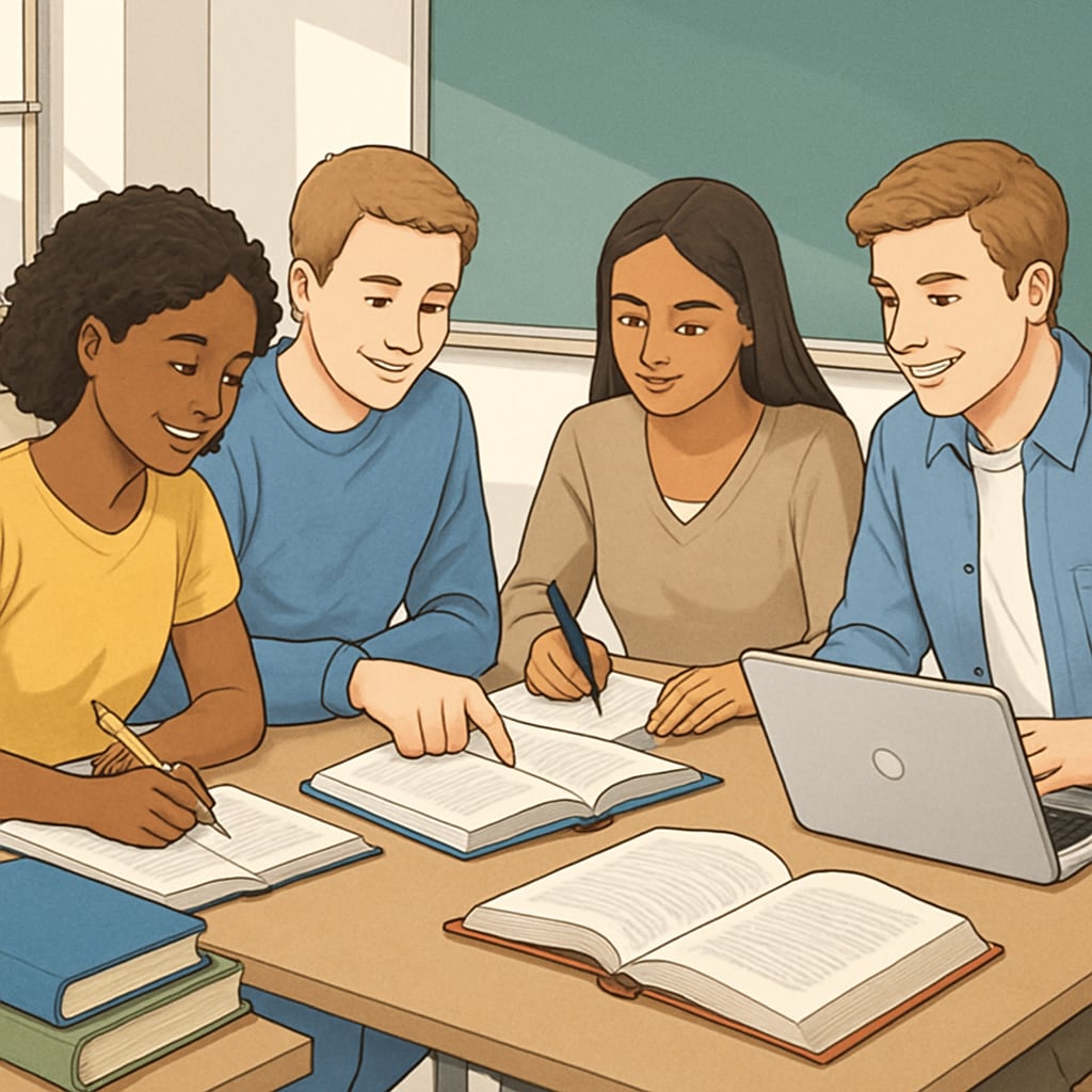 Students engaging in collaborative learning at a community college.