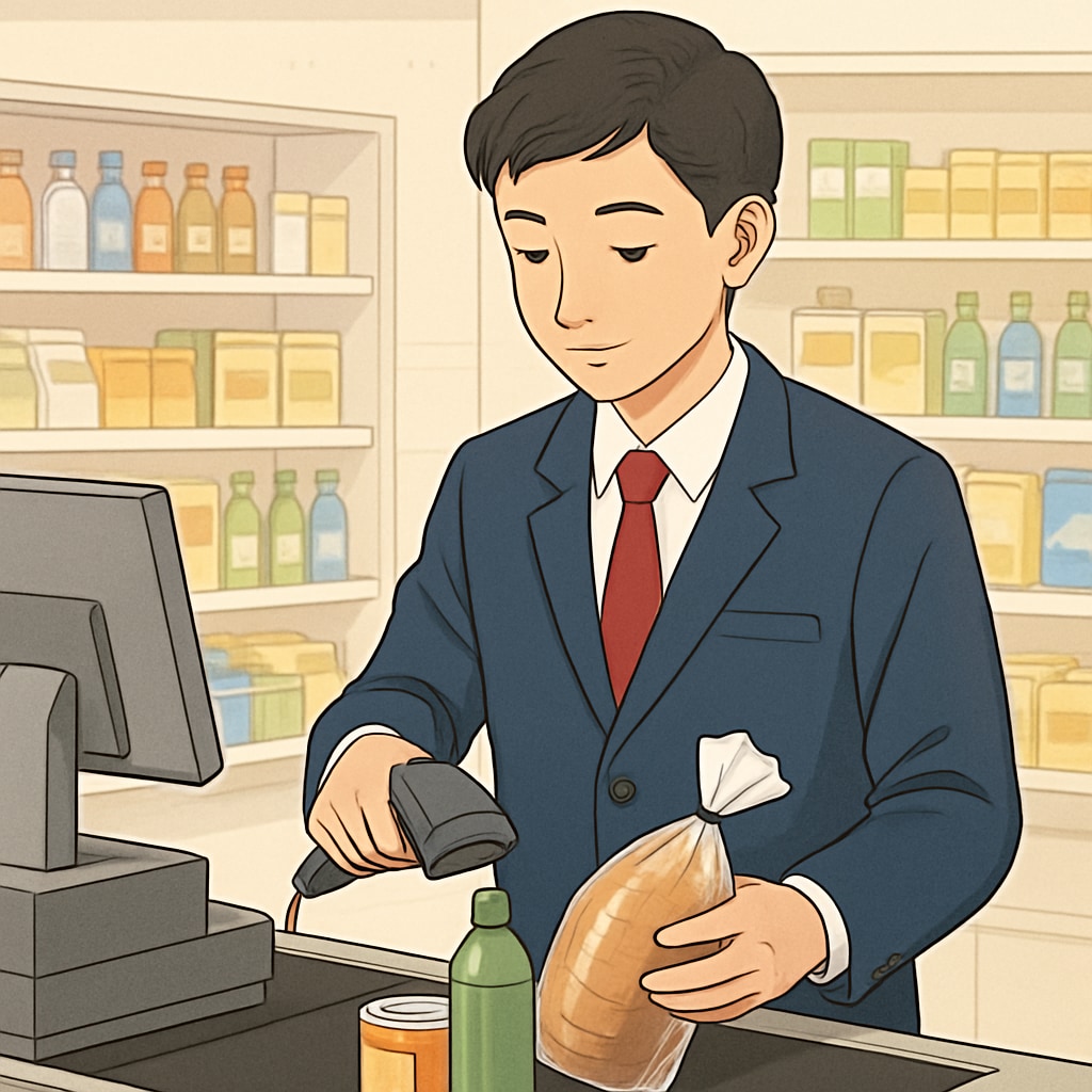High school student working at a cashier station, balancing a part-time job and academics.