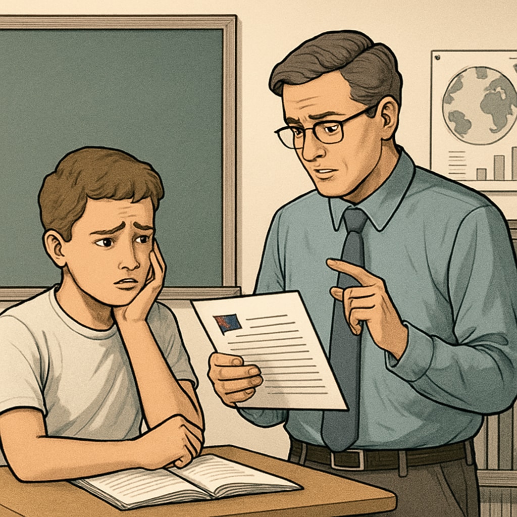K12 student and teacher discussing flagged academic writing due to AI detection errors.