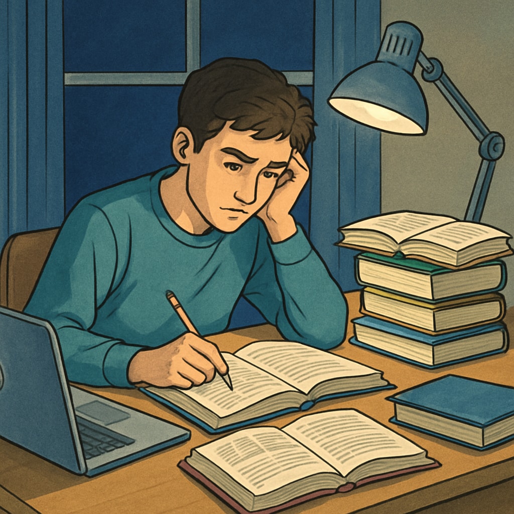 High school student studying late at night, struggling to balance a part-time job with school demands.