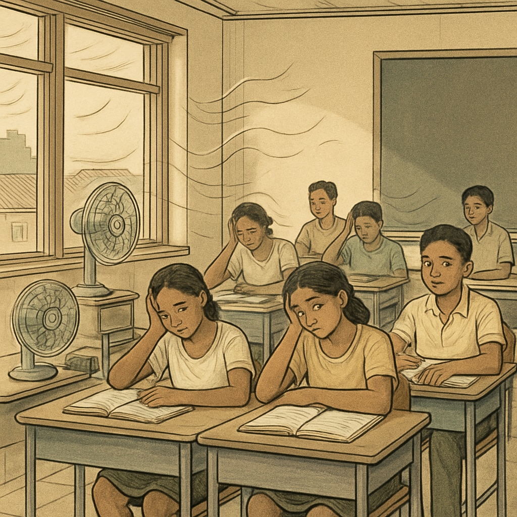 Students sweating in a poorly ventilated classroom setting during summer heatwaves, highlighting the challenges faced by marginalized communities in education. Students in a hot classroom, showing the impact of extreme heat on learning in marginalized communities.