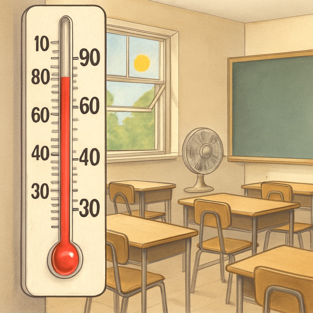 A thermometer showing a classroom temperature exceeding 90°F, emphasizing the heat-related challenges in schools without proper cooling systems. Overheated classroom thermometer, symbolizing climate inequality in education.