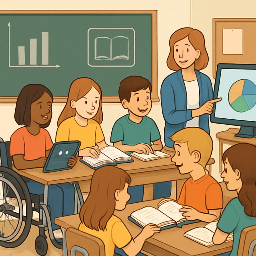 A classroom promoting inclusive education with tools for learning disabilities.
