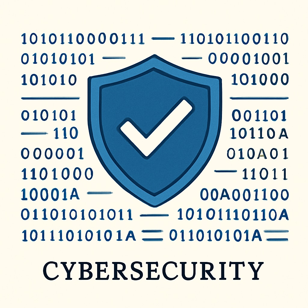 Cybersecurity illustration with shield and digital code.