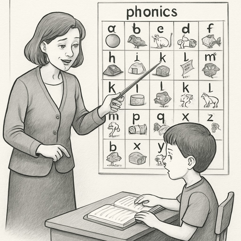 Teacher using a phonics chart to support evidence-based reading instruction.
