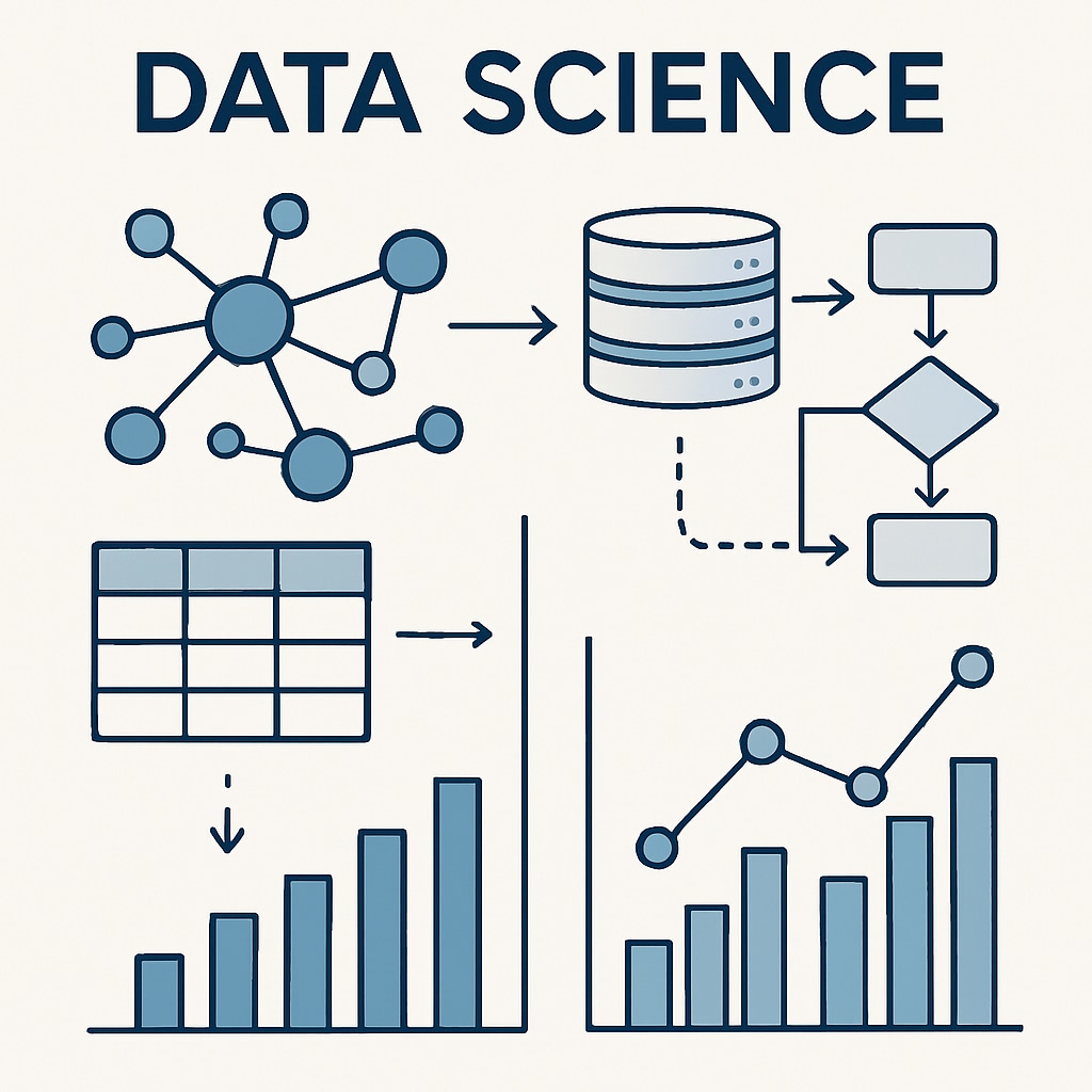 Data science illustration with nodes and data flow.
