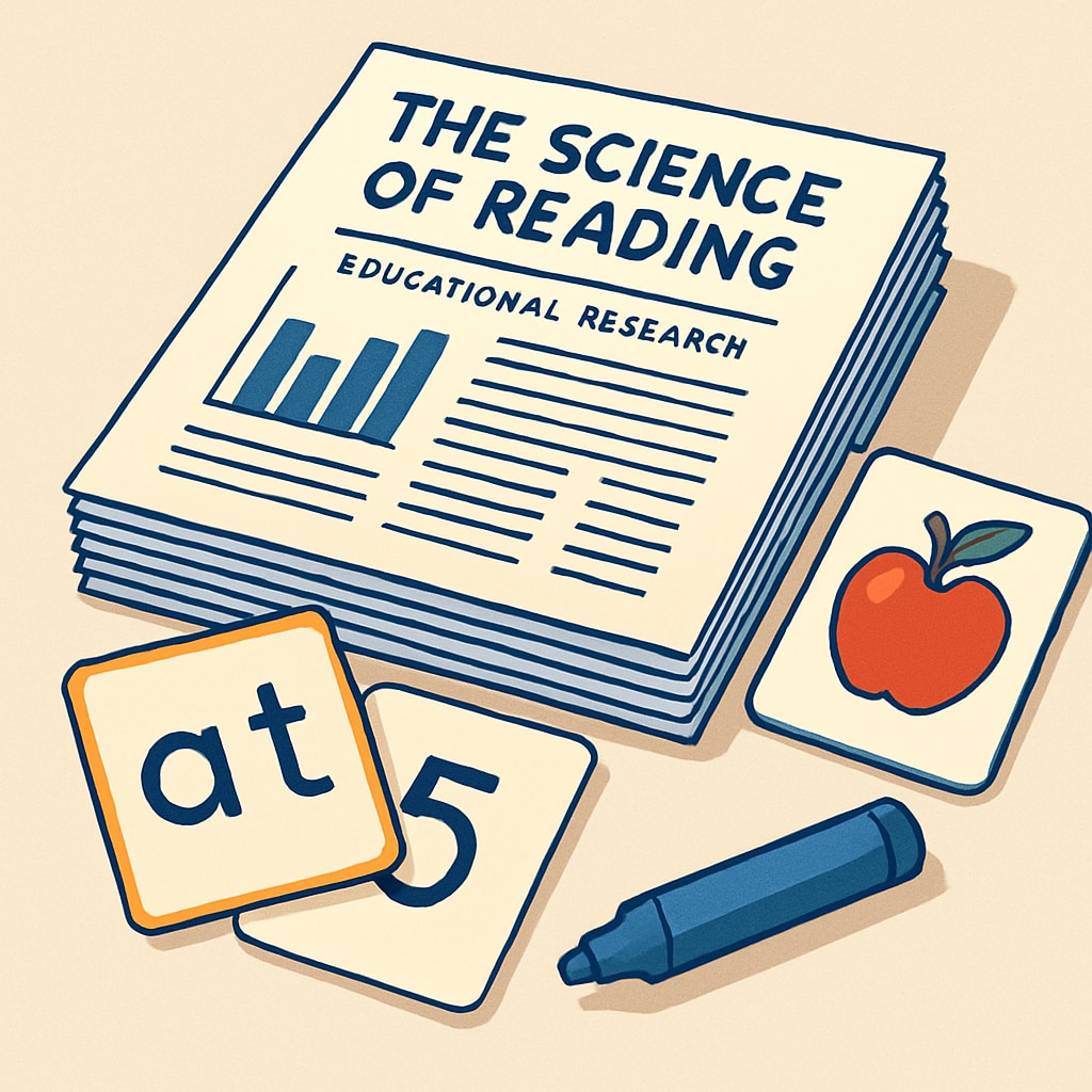 Research papers on the science of reading with teaching tools in focus.