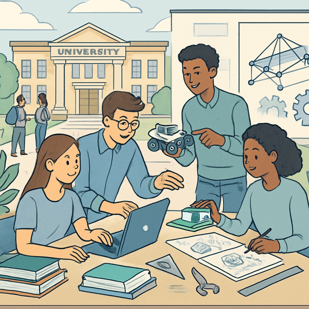 A university campus with students collaborating on interdisciplinary projects, showcasing education and engineering integration. Students engaging in interdisciplinary collaboration on education and engineering projects.