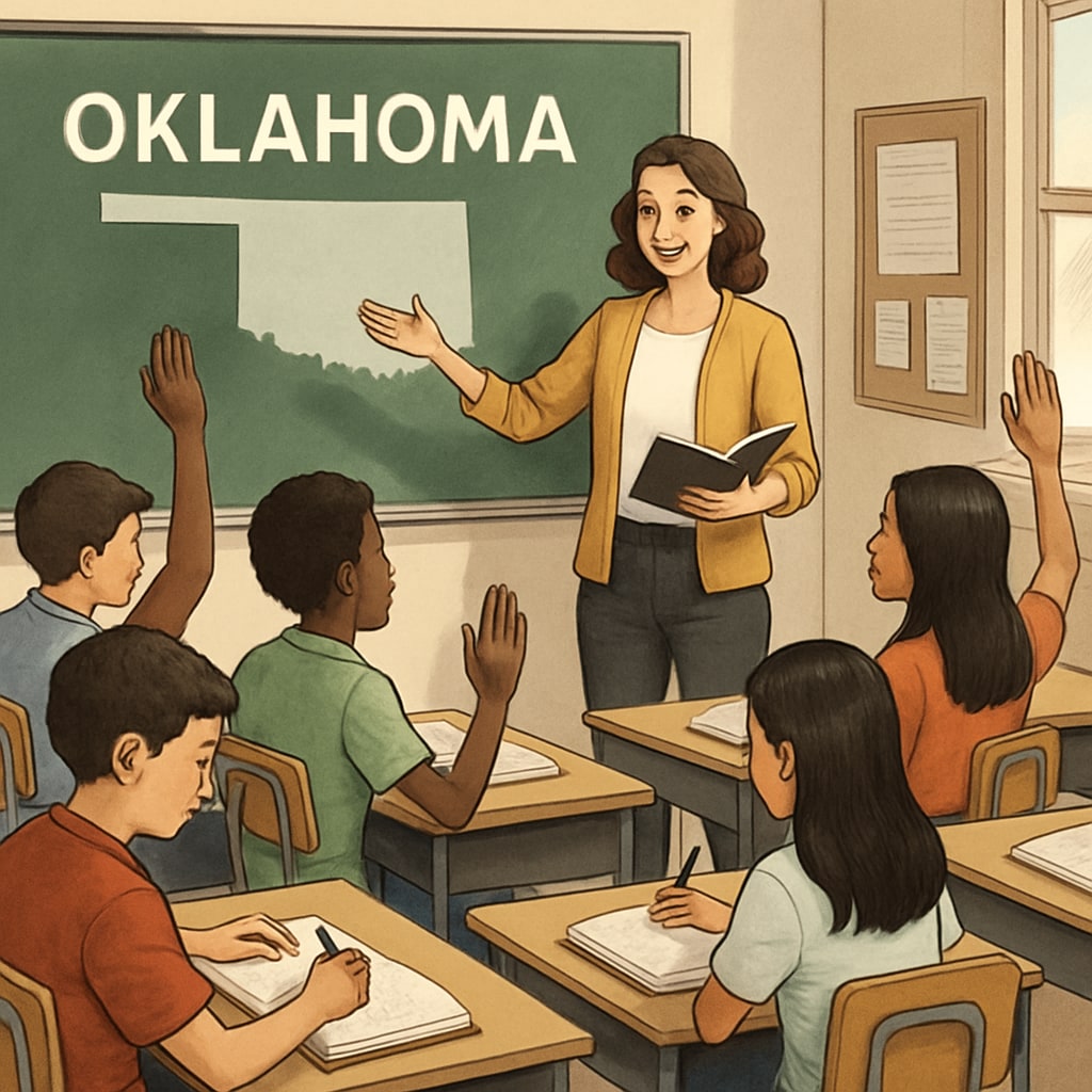 A classroom setting in Oklahoma with diverse students and a teacher guiding them. A teacher engaging with students in an Oklahoma classroom, symbolizing inclusive education.