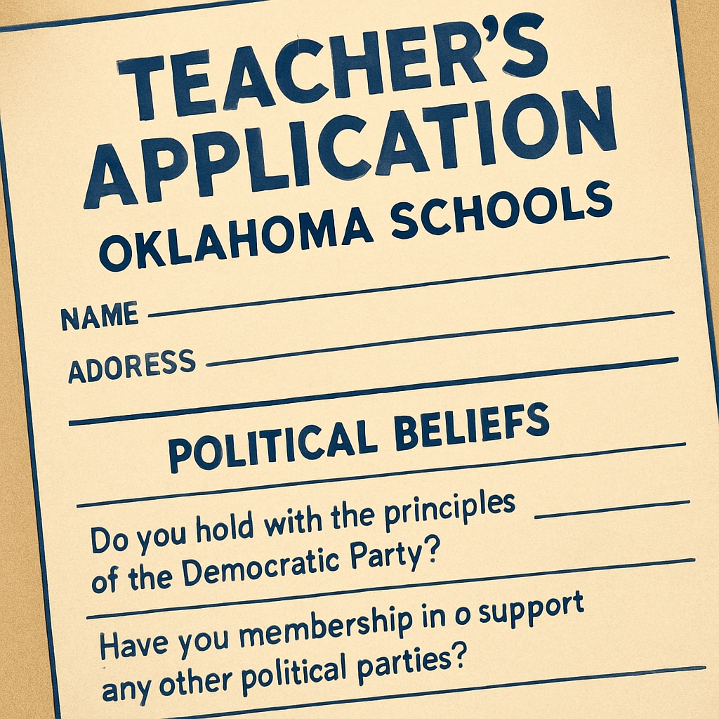 A close-up of a teacher’s application form for Oklahoma schools, highlighting sections on political beliefs. Teacher application form for Oklahoma schools with sections on political affiliation screening.