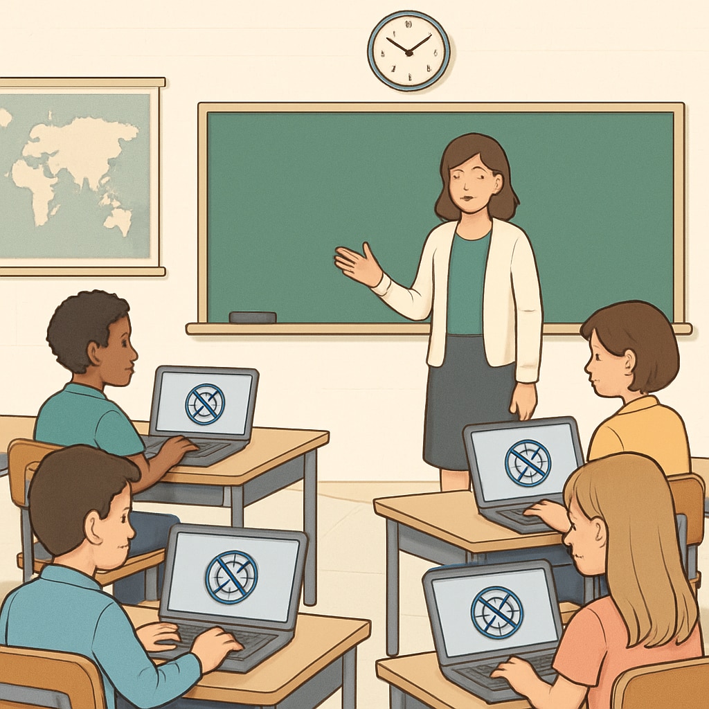 Students in a classroom accessing educational content on laptops amid internet restrictions.