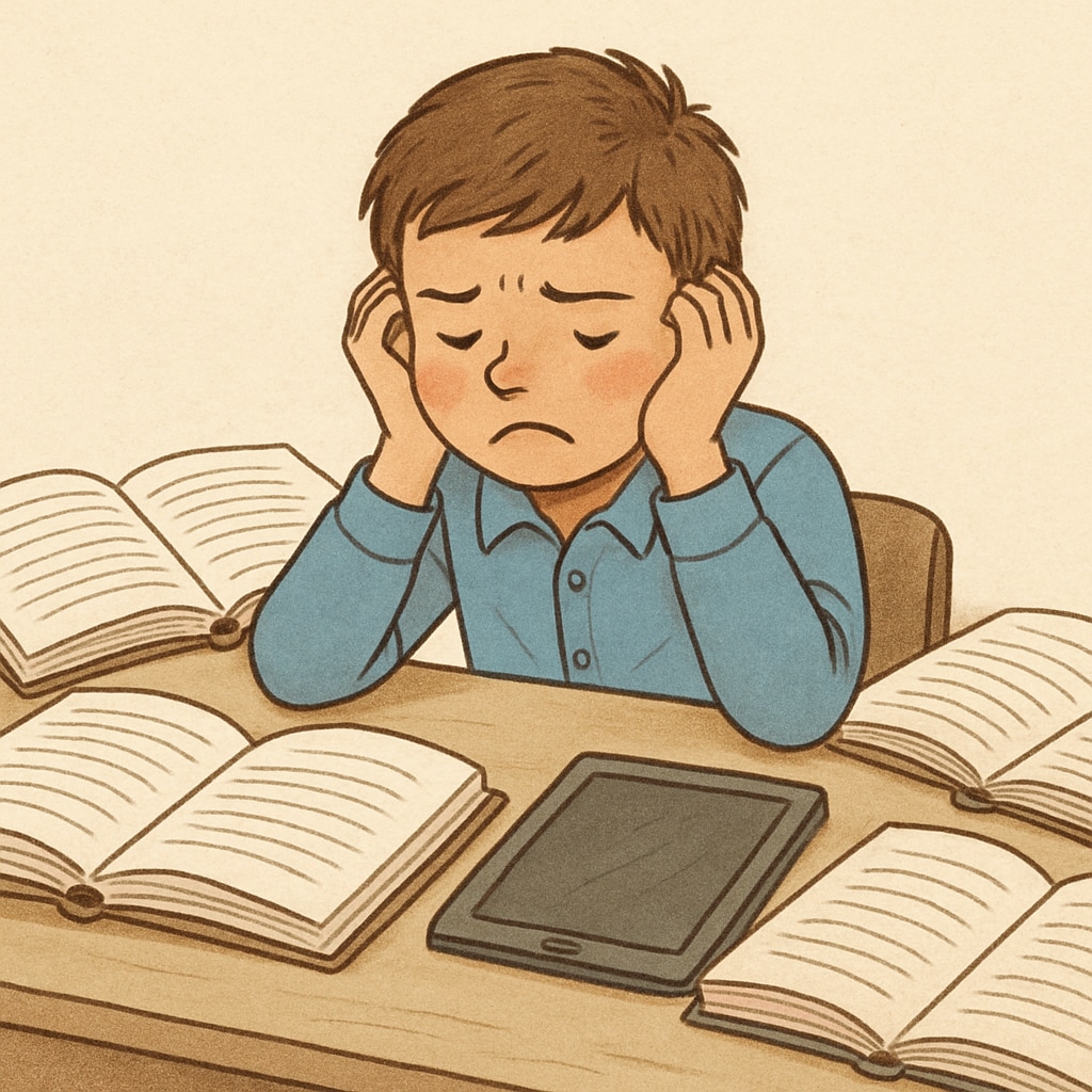 A young boy sitting at a desk with a frustrated expression, surrounded by books and a tablet, illustrating academic struggles. Boy struggling with academic challenges at his desk