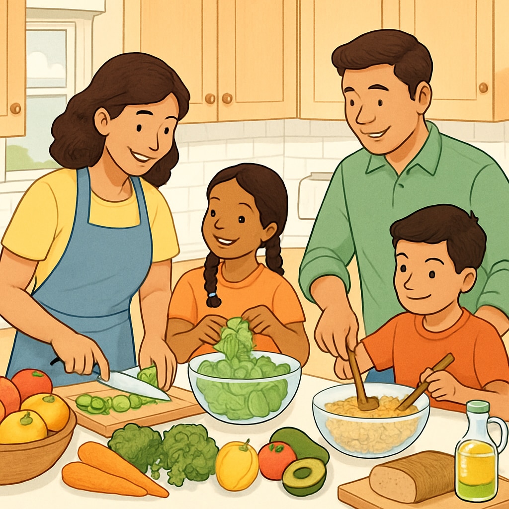 A family preparing a healthy meal together in the kitchen, emphasizing the importance of nutrition and family bonding. Family bonding over preparing a healthy meal